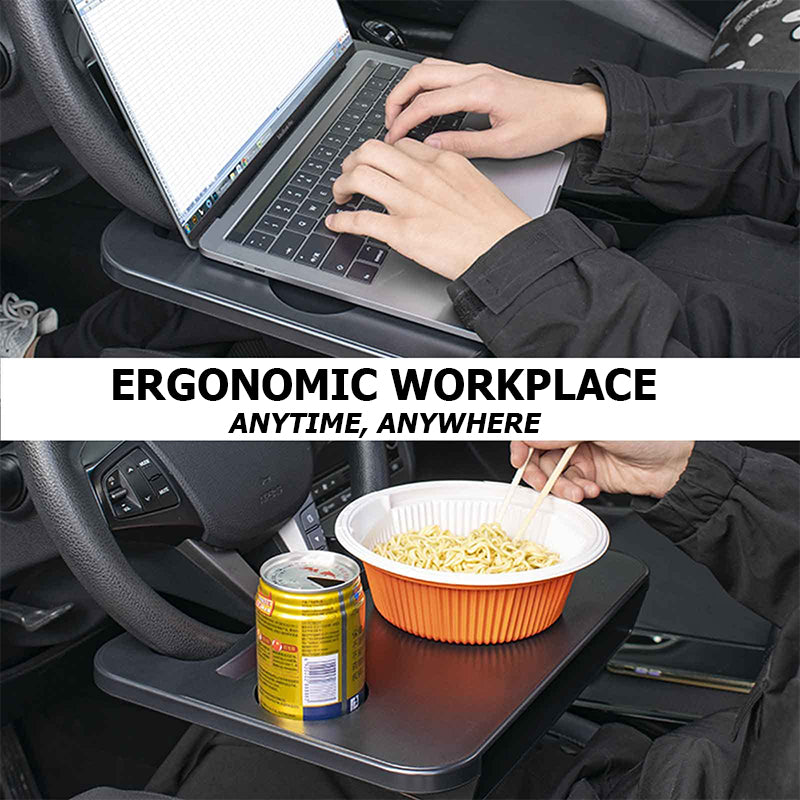 2 in 1 Multipurpose Car Steering Wheel Food Laptop Tray & Seat Gap Filler Organizer with Drinks Holder