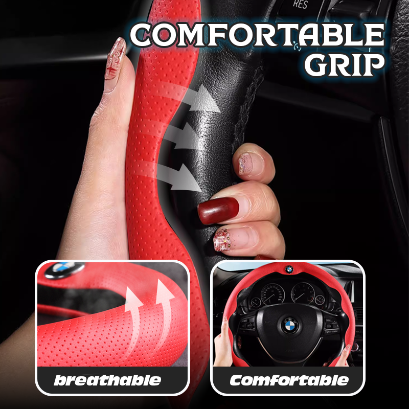 Nelxy Breathable Ultra-thin 5D Leather & Carbon Car Steering Wheel Cover Universal Fit