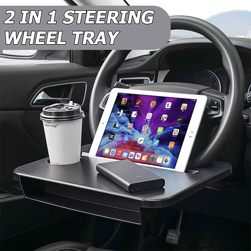 2 in 1 Multipurpose Car Steering Wheel Food Laptop Tray & Seat Gap Filler Organizer with Drinks Holder