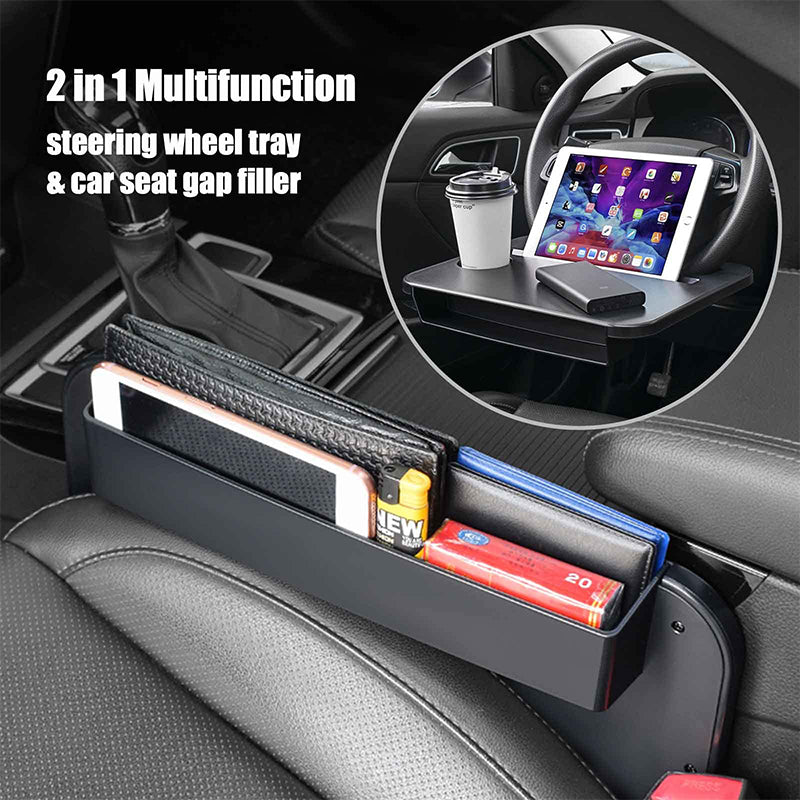 2 in 1 Multipurpose Car Steering Wheel Food Laptop Tray & Seat Gap Filler Organizer with Drinks Holder